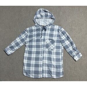 Love Potion Shirt Womens Small Blue White Plaid Button Up Hooded Long Sleeve Top